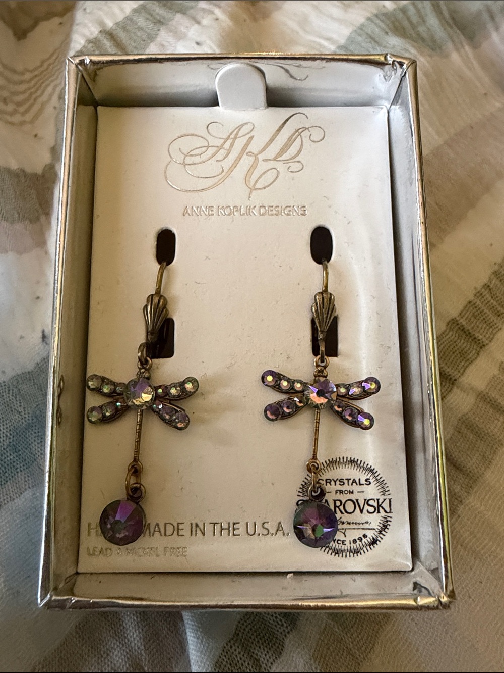 Anne Koplik Designs Purple Aurora Crystal Dragonfly Drop Earrings